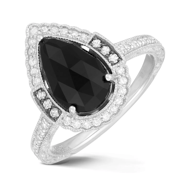 2.5Ct Pear Cut Black Diamond Vintage Halo Engagement Ring 14K White Gold Finish