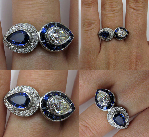 6Ct Pear Cut Blue Sapphire Diamond Halo Art Deco Ring 14K Rose White Gold Finish