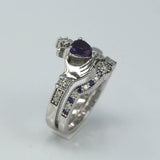 2ct Heart Purple Amethyst Engagement Ring Claddagh Bridal Set 14k WhiteGold Over