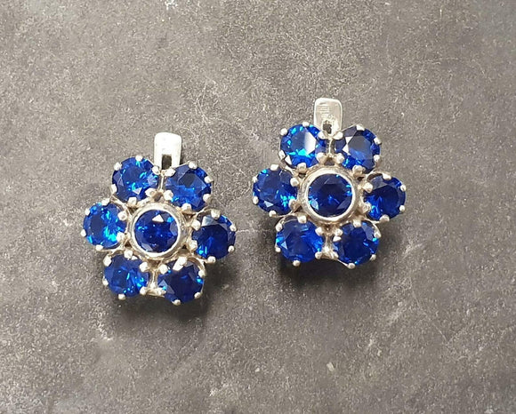 2.5ct Stud Earrings Round Cut Blue Sapphire Floral Cluster 14k White Gold Finish