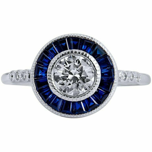 2ct Round Cut Diamond Engagement Ring Sapphire Halo Art Deco 14k White Gold Over