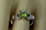 1ct Heart Cut Green Peridot Engagement Ring Claddagh Design 14k WhiteGold Finish