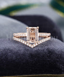 2ct Emerald Cut Simulated Peach Morganite Curved Bridal Set 14k Rose Gold Plated