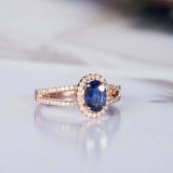 2.2ct Oval Cut Blue Sapphire Engagement Ring Halo Split Shank 14k Rose Gold Over