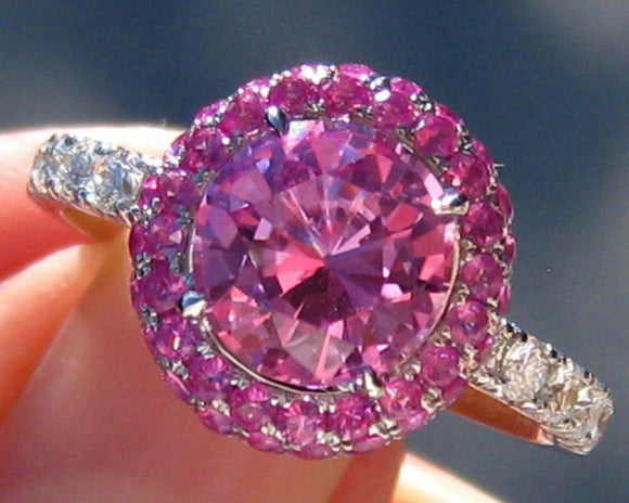 2.2ct Round Cut Pink Sapphire Double Halo Engagement Ring 14k White Gold Finish