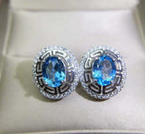 2.7ct Stud Earrings Oval Cut Blue Topaz Stylish Halo 14k White Gold Finish