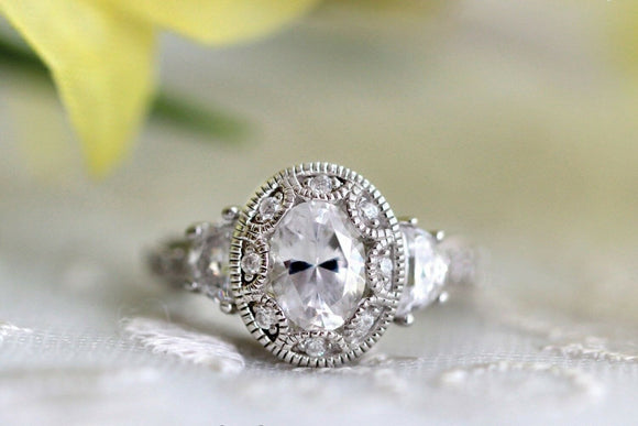 Vintage Art Deco Engagement Ring 1ct Oval Cut VVS1D Diamond 14k WhiteGold Finish