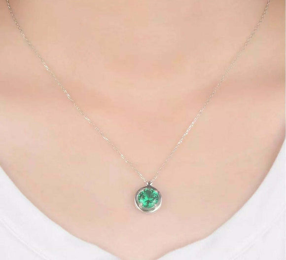 2ct Green Emerald Pendant Chain Round Cut Solitaire Stylish 14k White Gold Over