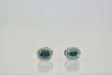 2ct Emerald Cut Blue Aquamarine Diamond Halo Stud Earrings 14k White Gold Finish