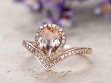 2ct Pear Cut Peach Morganite Engagement Ring 14k Rose Gold Finish Halo V Shape