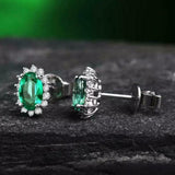 2ct Oval Cut Green Emerald Floral Halo Stud Women Earrings 14k White Gold Finish