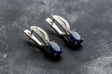 2ct Drop Earrings Oval Cut Blue Sapphire Split Design 14k White Gold Finish