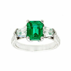 2.2ct Green Emerald Cut Engagement Ring Trilogy Vintage 14k White Gold Finish