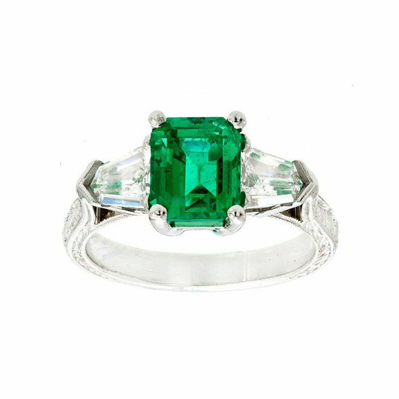 2.2ct Green Emerald Cut Engagement Ring Trilogy Vintage 14k White Gold Finish