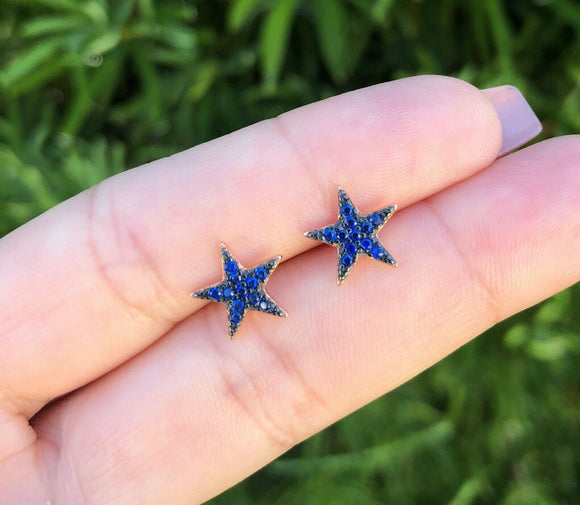 2Ct Round Cut Blue Sapphire Star Shaped Stud Earrings 14K White Gold Finish