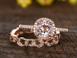 2ct Round Cut Peach Morganite Engagement Ring 14k Rose Gold Over Halo Bridal Set