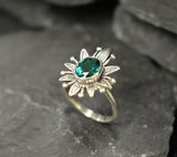 1ct Engagement Ring Oval Cut Green Emerald Leaf Floral 14k White Gold Finish