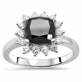 3Ct Cushion Cut Black Diamond Floral Halo Solitaire Ring 14K White Gold Finish