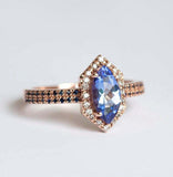 1.5ct Marquise Cut Blue Tanzanite Halo Dual Row Accent Ring 14k Rose Gold Finish