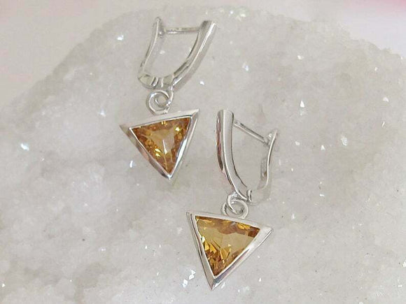 1.5ct Trillion Cut Yellow Citrine Solitaire Drop Earrings 14k White Gold Finish