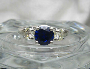 1.7ct Round Cut Blue Sapphire Diamond Trilogy Engagement Ring 14k WhiteGold Over