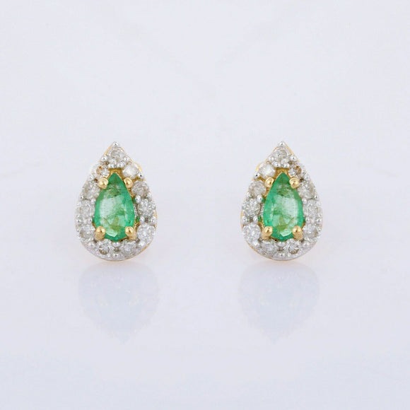 1.7ct Stud Earrings Pear Cut Green Emerald Diamond Halo 14k Yellow Gold Finish