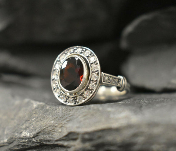 2.7ct Oval Cut Red Garnet Vintage Inspired Halo Ring 14k White Gold Finish