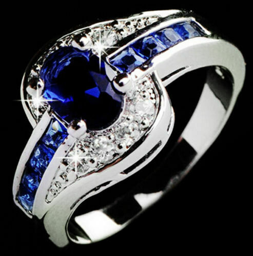 3Ct Oval Cut Blue Sapphire Diamond Swirl Engagement Ring 14K White Gold Finish