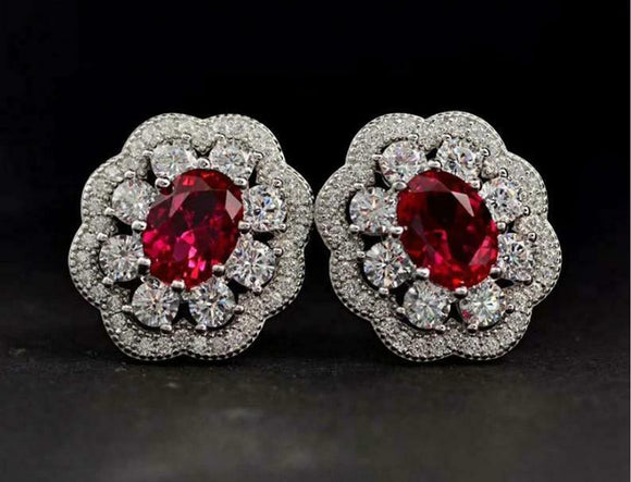 3.5ct Stud Earrings Oval Cut Pink Ruby Floral Cocktail 14k White Gold Finish