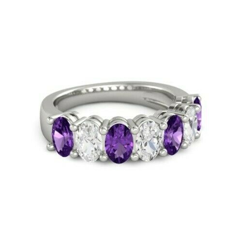 3Ct Oval Cut Purple Amethyst Diamond Stylish Engagement Ring 14K White Gold Over