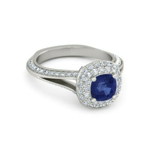 3Ct Cushion Cut Blue Sapphire Double Halo Engagement Ring 14K White Gold Finish