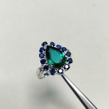 2ct Engagement Ring Pear Cut Green Emerald Blue Sapphire Halo 14k WhiteGold Over