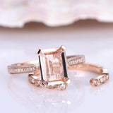 2ct Emerald Cut Peach Morganite Bridal Set Engagement Ring 14k Rose Gold Finish