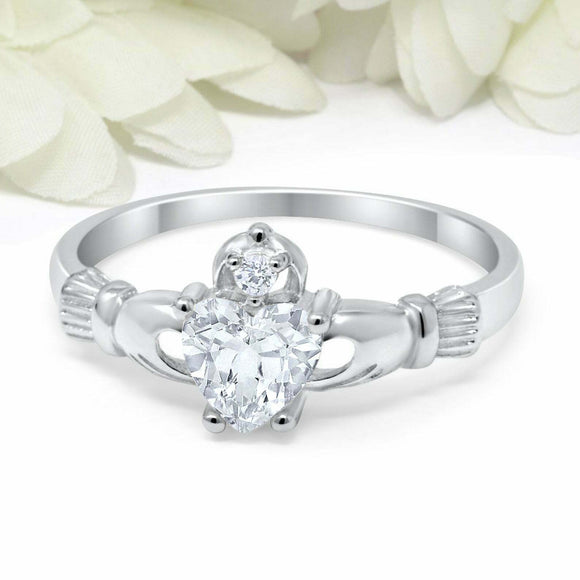 1.1ct Heart Cut VVS1D Diamond Engagement Ring Claddagh Irish 14k White Gold Over