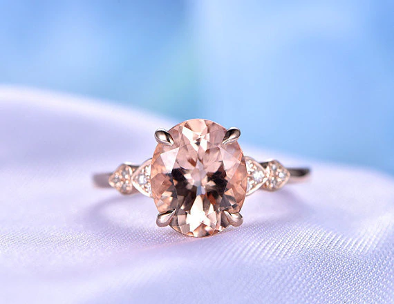 1.5ct Oval Cut Peach Morganite Engagement Ring Diamond Accent 14k Rose Gold Over