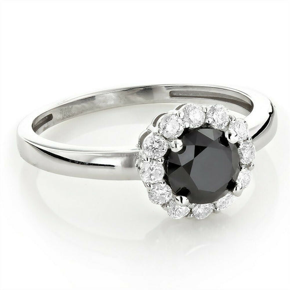 1.5Ct Round Cut Black Diamond Classic Halo Engagement Ring 14K White Gold Finish