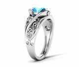 2ct Round Cut Blue Aquamarine Leaf Vine Solitaire Accent Ring 14k WhiteGold Over