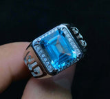 3.5ct Emerald Cut Blue Topaz Diamond Halo Engagement Men Ring 14k WhiteGold Over