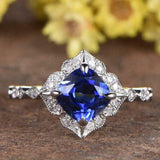 1ct Cushion Blue Sapphire Engagement Ring Solitaire Floral 14k White Gold Finish