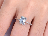 1.5ct Emerald Cut Blue Aquamarine Engagement Ring Halo 14k White Gold Finish