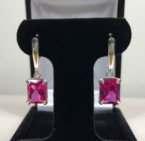 2ct Drop Earrings Radiant Cut Ruby Solitaire LeverBack 14k White Gold Finish