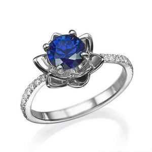 1ct Round Cut Blue Sapphire Flower Solitaire with Accent Ring 14k WhiteGold Over