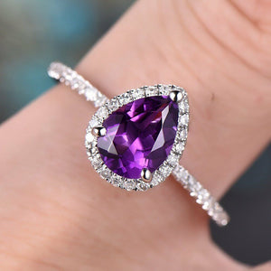 0.9Ct Pear Cut Purple Amethyst Halo Solitaire Engagement Ring 14K WhiteGold Over