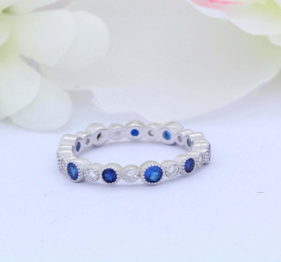 2ct Round Blue Sapphire Wedding Band Stackable Full Eternity 14k White Gold Over