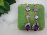 2.2ct Pear Cut Purple Amethyst Trilogy Drop Earrings 14k Yellow Gold Finish