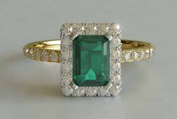 2.1ct Green Emerald Cut Engagement Ring Halo Round Acents 14k Yellow Gold Finish