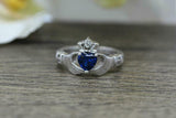 1ct Heart Blue Sapphire Engagement Ring Diamond Claddagh 14k White Gold Finish