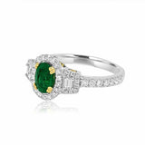 2.5ct Oval Cut Green Emerald Engagement Ring Halo Trilogy 14k White Gold Finish