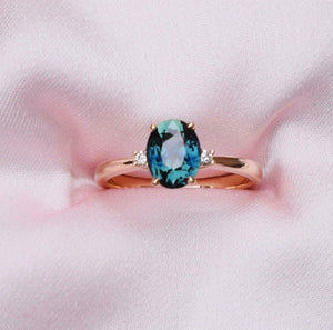 1.2ct Engagement Ring Oval Cut London Blue Topaz Trilogy 14k Rose Gold Finish