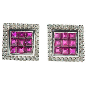 1.6ct Princess Cut Pink Ruby Halo Cluster Stud Earrings 14k White Gold Finish